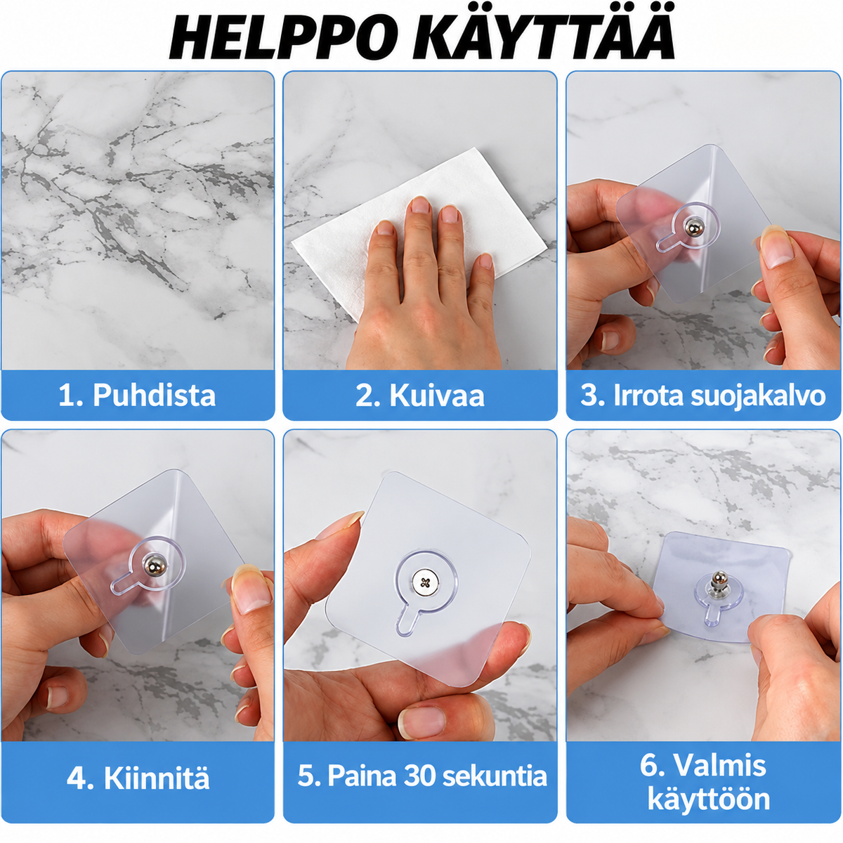 Itseliimautuvat seinäkoukut – Vahva pito. Ei reikiä seinään.